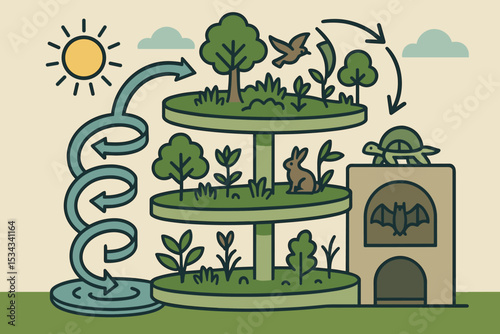 Illustration of a tiered eco-habitat system with water cycle and animal shelters