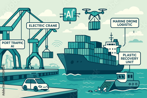 Futuristic smart port with AI logistics, drone cargo, and plastic recovery boats