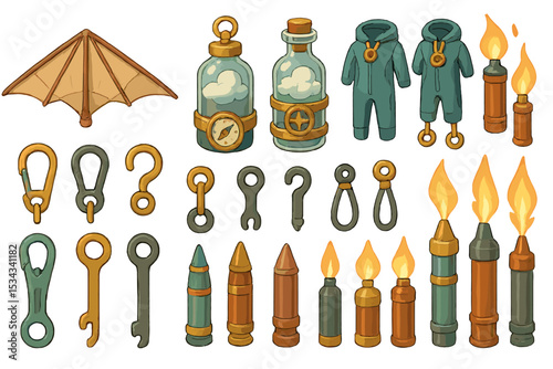 Steampunk adventure item icons with flight gear, flares, and tools