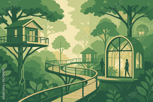 Modern treehouse village with elevated forest walkways