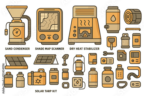Desert survival gear icons with solar devices and utility tools