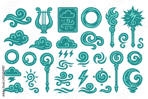 Whimsical air and wind-themed icon set with clouds, staves, and symbols