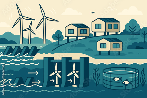 Eco village with wind turbines, tidal power system, and fish farming tanks