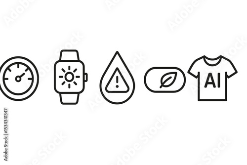 A set of minimalist icons representing technology and sustainability: a pressure gauge, smart watch, warning drop symbol, eco-friendly button, and a t-shirt with AI printed on it.
