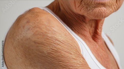  Shoulder, chin. Aging. Retiree. Very old woman. Senior person with wrinkled skin. Grandmother. Retirement
