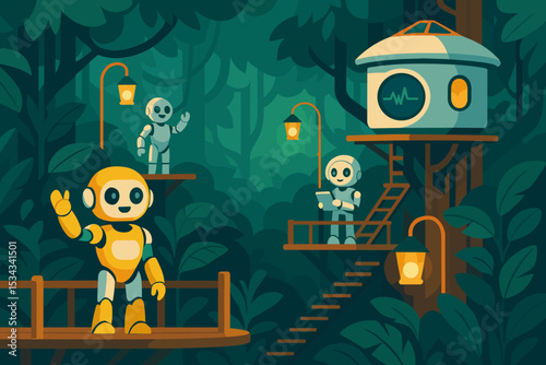 Cute robots living in treehouses in a lush jungle environment