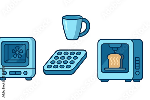 Futuristic kitchen appliance icons with glowing blue accents