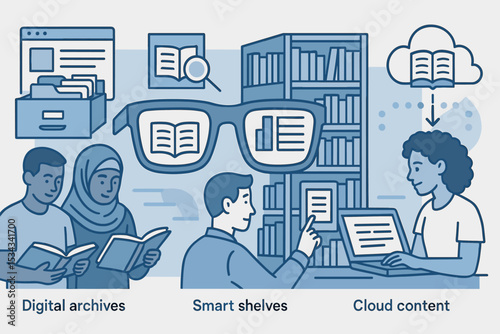 Modern library technology with digital archives and cloud-based content