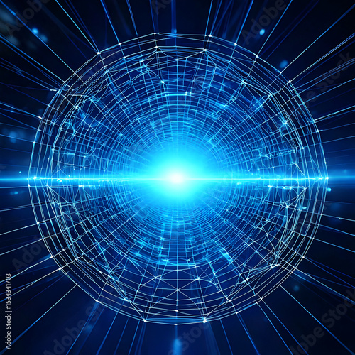 Abstract Blue Digital Sphere Tunnel with Glowing Light