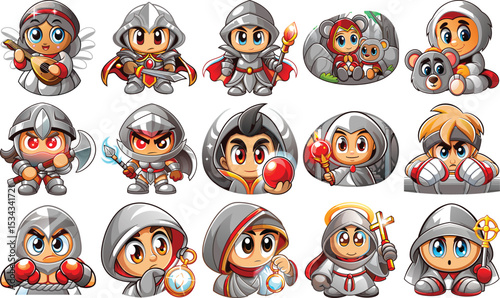 Diverse Cartoon Hero Character Set Angelic Musician, Knights, Wizards, and More for Game Design Assets
