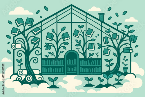 Surreal greenhouse with trees growing books and scrolls