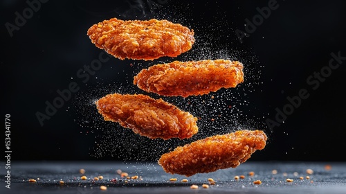 Crispy Fried Chicken Wings Floating with Seasoning and Spice Dust