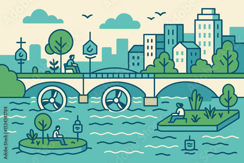 Sustainable city with hydro-powered bridge, floating parks, and smart water sensors