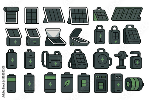 Set of eco-friendly solar power and battery-related icons.