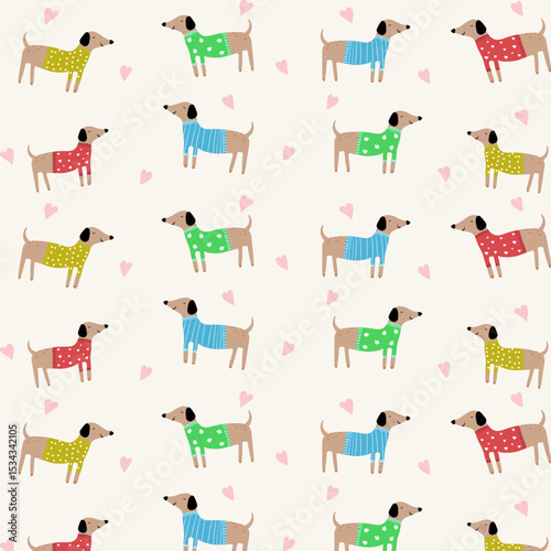 Seamless Pattern with Cute Dachshunds in Colorful Sweaters and Pink Hearts