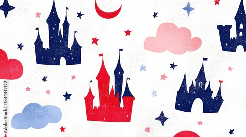 Whimsical Castle Pattern with Stars and Clouds for Kids Decor