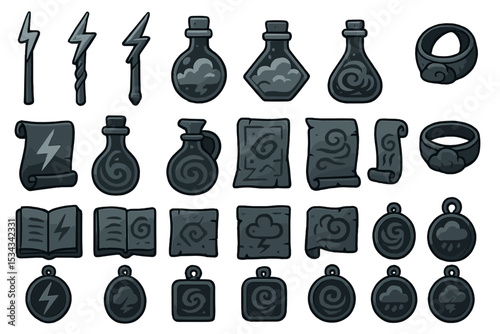 Fantasy-themed icons of scrolls, potions, rings, and elemental charms