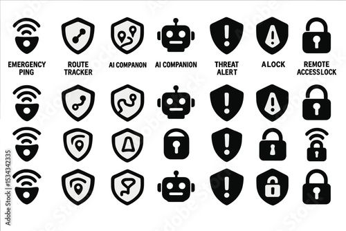 Security and AI interface icons for alerts, tracking, and access control