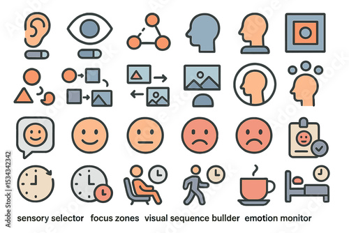 Supportive UI icon set for sensory tools, emotions, focus, and routines