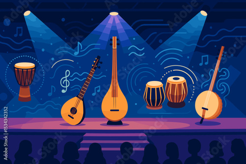 Colorful stage with world musical instruments under spotlights
