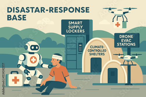 Futuristic disaster-response base with drones and medical robots