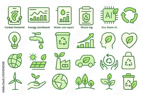 Eco-friendly UI icon set with green energy, recycling, and sustainability symbols