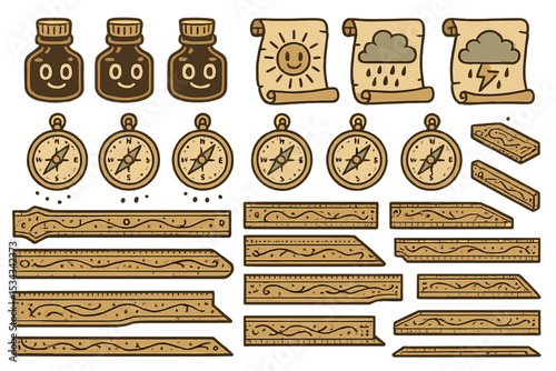 Hand-drawn fantasy icons with potions, scrolls, compasses, and rulers