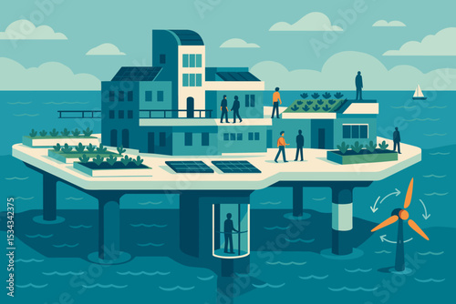 Sustainable ocean platform with solar panels, gardens, and tidal turbine