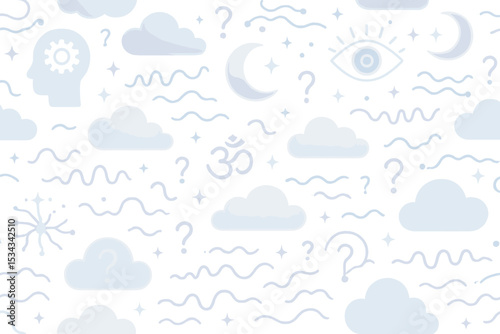 Abstract dreamy background with symbols of the mind, moon, and clouds.