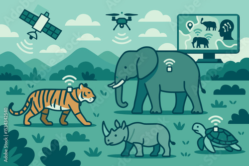 Illustration of wildlife monitoring with GPS trackers on animals.