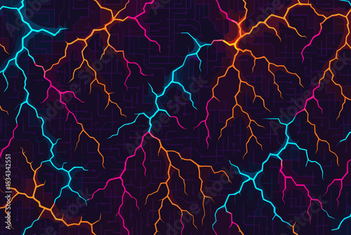 Futuristic neon lightning on digital circuit board background