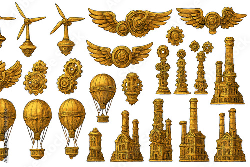 Steampunk-style icons of airships, gears, towers, and wind turbines