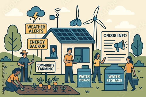 Illustration of resilient community with solar energy and farming