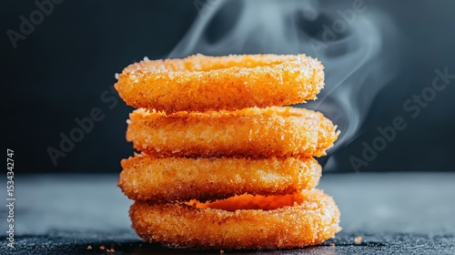 Golden Crispy Onion Rings Stacked on Dark Background with Steam