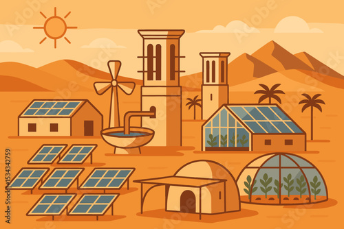 Sustainable desert village with solar panels and greenhouses