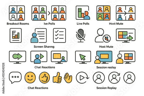 Video-conference feature icon set: polls, rooms, sharing, reactions