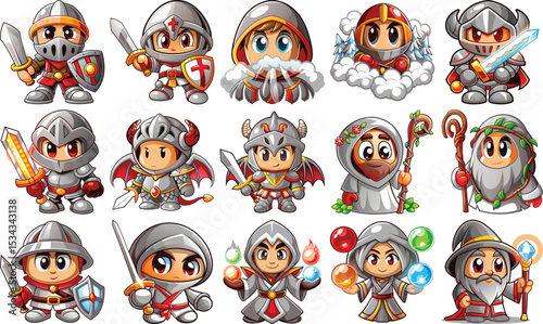 Vector illustration featuring diverse cartoon knights with swords and shields alongside mages holding orbs. Ideal collection for game development assets or character designs.