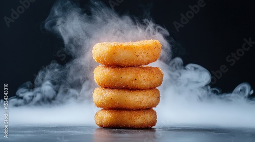 Crispy Fried Doughnuts Stacked with Steam and Dark Background
