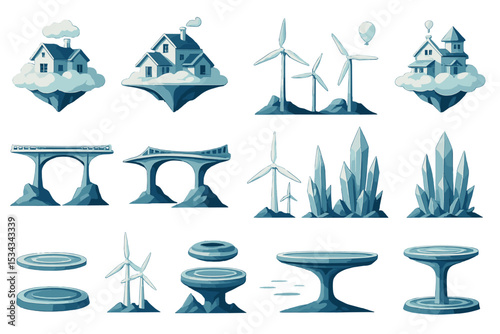 Futuristic floating structures with wind turbines and crystals