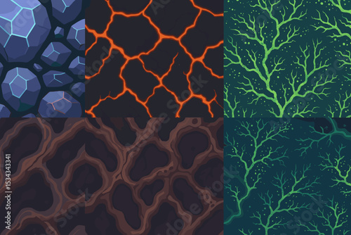 Stylized seamless game textures set: rock, lava, roots and glowing veins