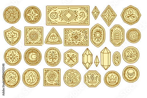 Fantasy game icons of gold coins, gems, and magical tokens