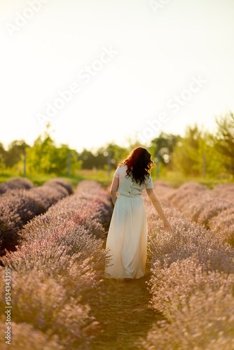A young brunette walks in wheat fields at sunset in summer. Growing organic wheat and barley.