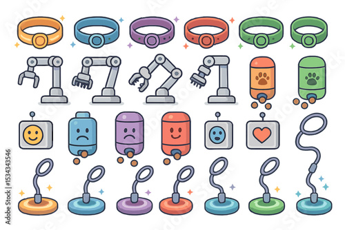 Colorful cartoon smart pet collars, feeders, cameras, trackers icons