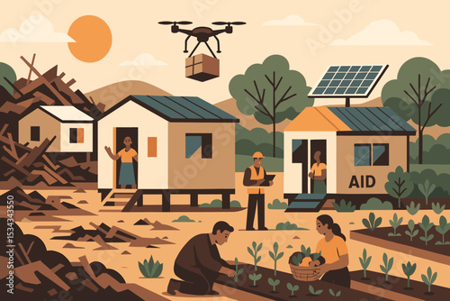Post-disaster recovery scene with aid drones, farming, and solar shelters