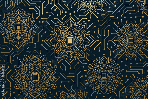Elegant seamless pattern of golden mandalas with circuit board elements