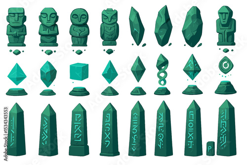 Ancient relic and crystal icon set with runes and stone statues