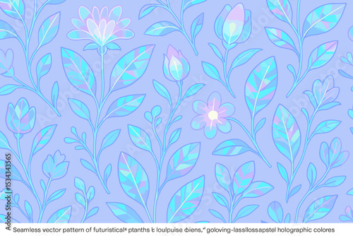 Seamless floral pattern with glowing holographic flowers and leaves