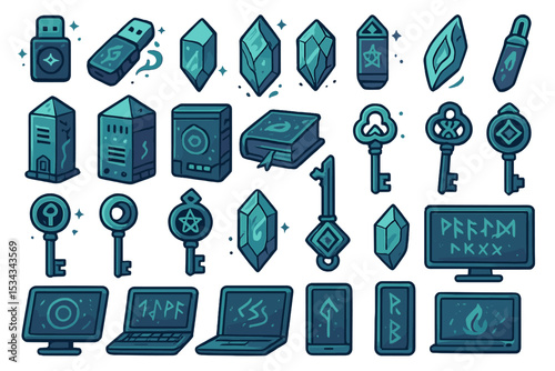 Fantasy tech icon set blending digital devices with magical runes and keys