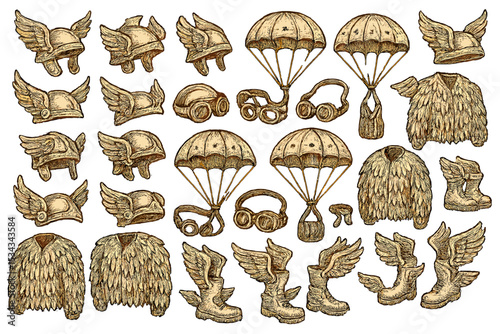 Hand-drawn vintage icons of winged helmets, boots, and parachutes