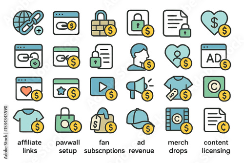 Monetization icon pack for affiliate links, ads, merch, and licensing